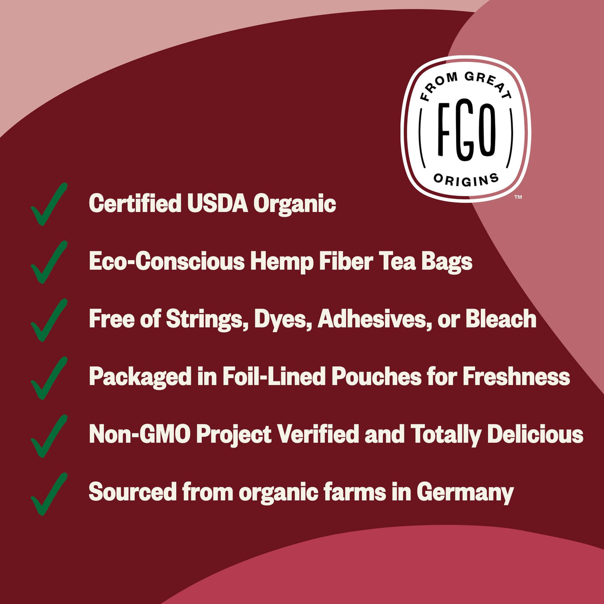 FGO Organic Red Raspberry Leaf Tea Bags in resealable bag for easy storage.