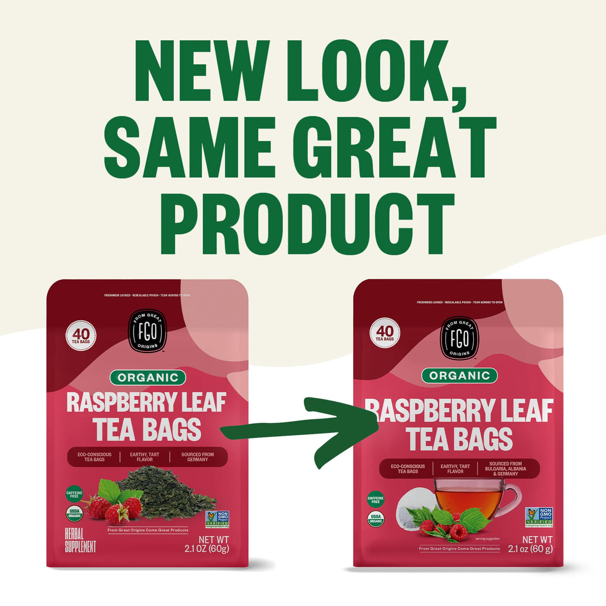 Box view of FGO Organic Red Raspberry Leaf Tea with USDA Organic seal and Non-GMO verification