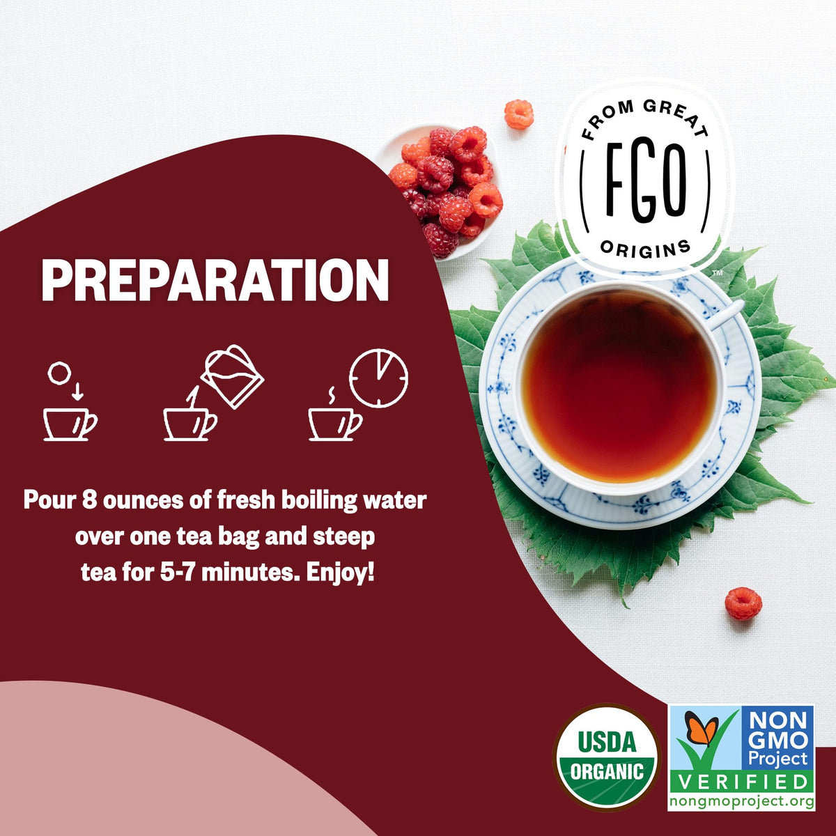 Foil-lined kraft bag of FGO Organic Red Raspberry Leaf Tea preserves freshness