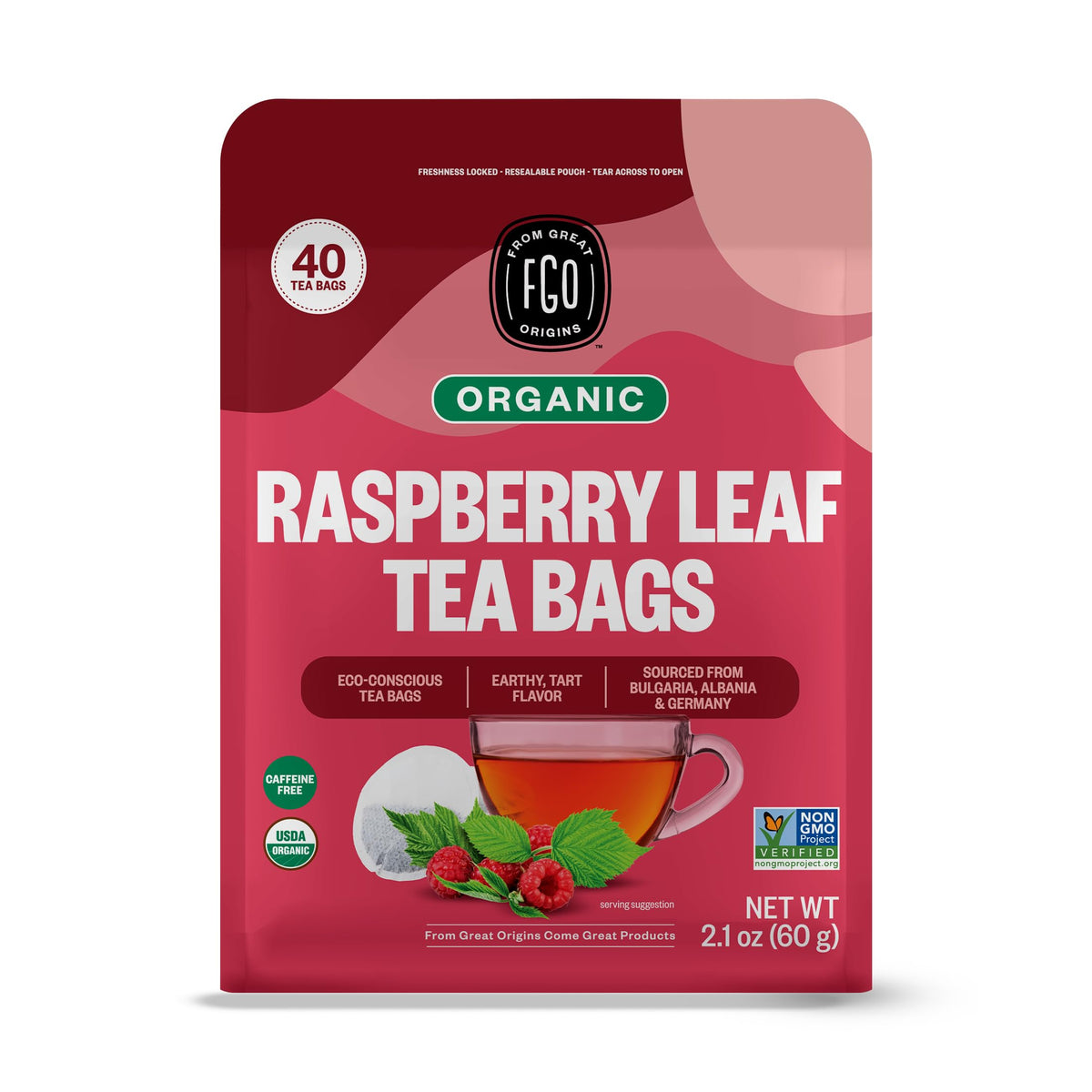 FGO Organic Red Raspberry Leaf Tea front pack with eco-friendly packaging visible