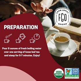 FGO Organic Red Raspberry Tea brewed cup showing a smooth, caffeine-free infusion.