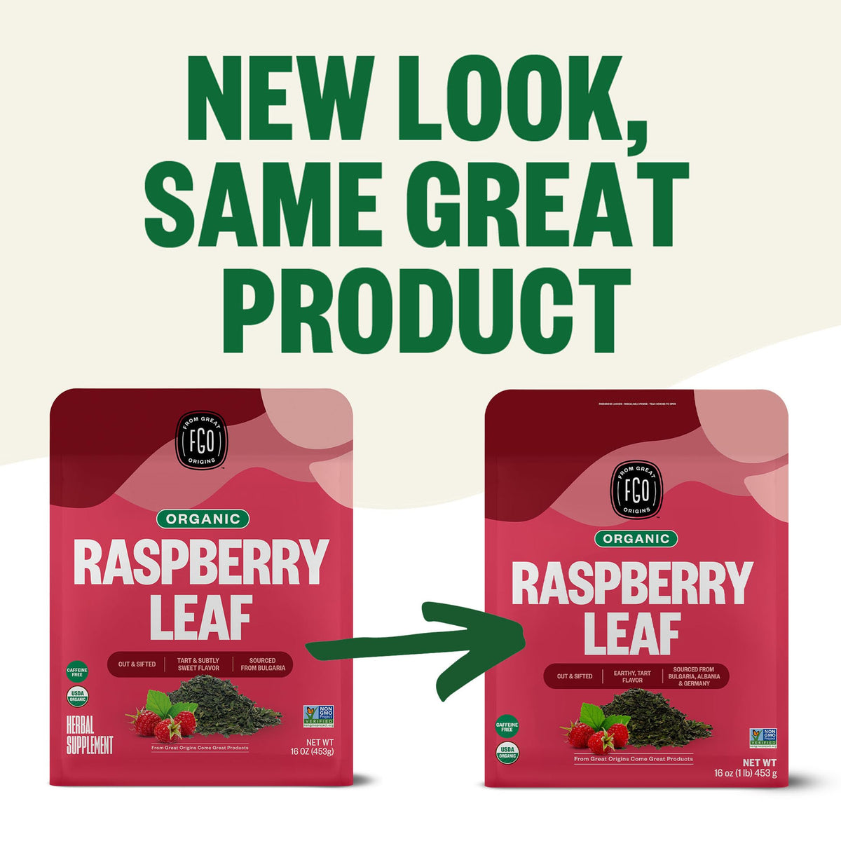 FGO Organic Red Raspberry Tea cut and sifted leaves.