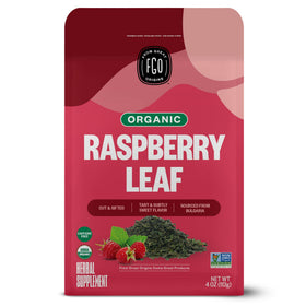 FGO organic red raspberry tea loose-leaf closeup for a caffeine-free, soothing cup.