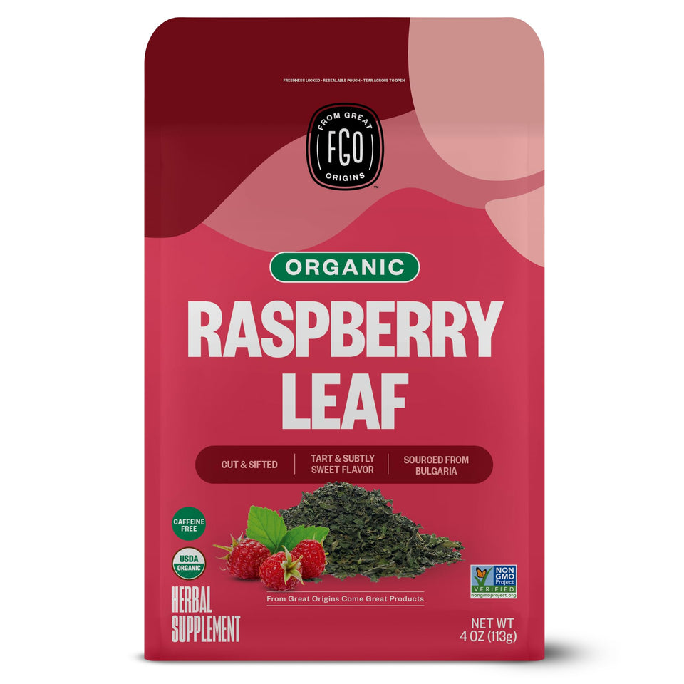 FGO organic red raspberry tea loose-leaf closeup for a caffeine-free, soothing cup.