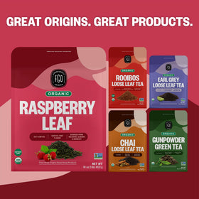 FGO Organic Red Raspberry Tea origin Bulgaria label on leaves.