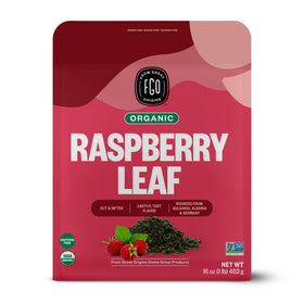 FGO Organic Red Raspberry Tea packaging in a resealable pouch.