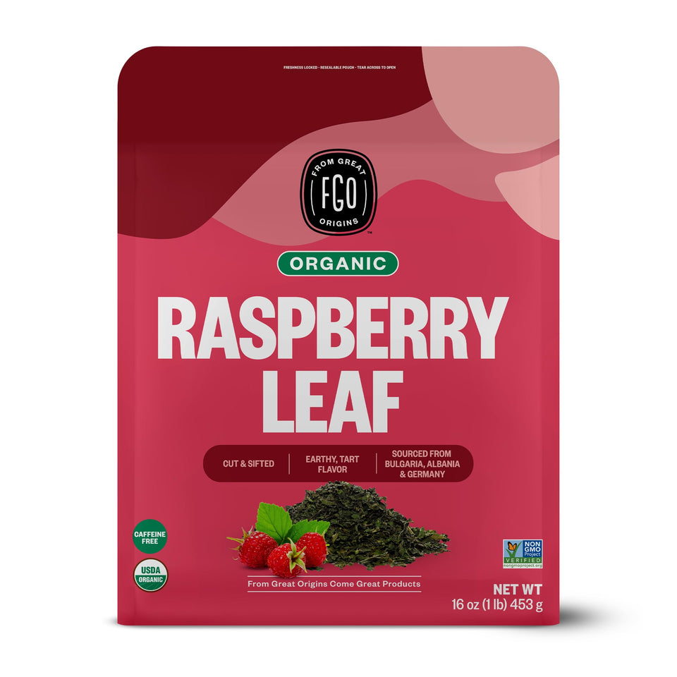 FGO Organic Red Raspberry Tea packaging in a resealable pouch.
