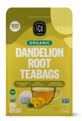 FGO Organic Roasted Dandelion Tea bags in eco-friendly packaging with a caffeine-free option.