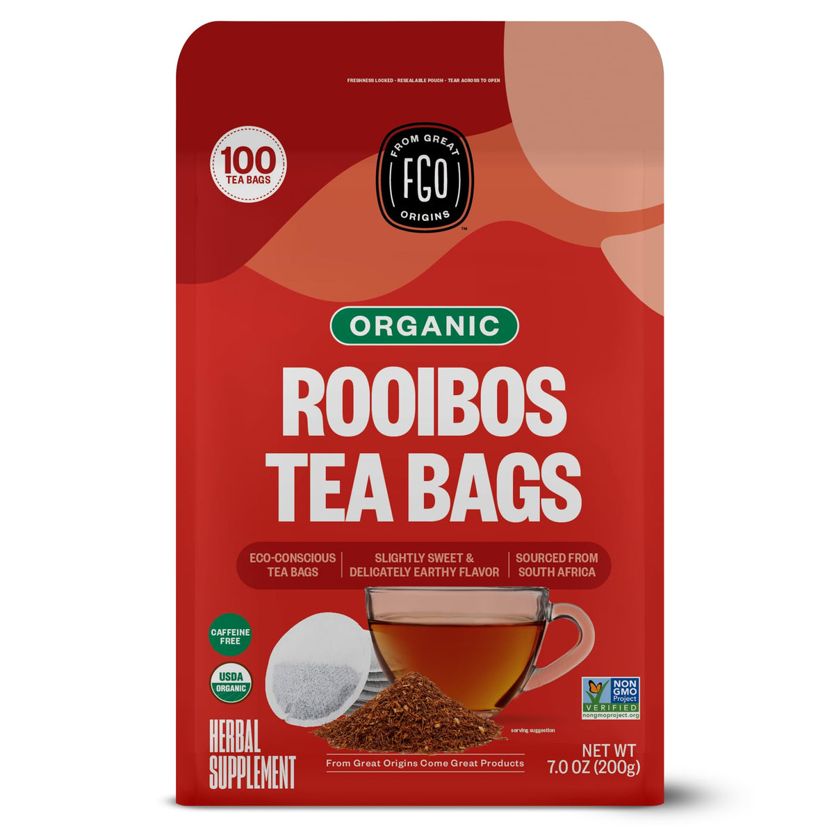 FGO Organic Rooibos tea bags shown in eco-friendly Abacá hemp paper for a clean brew