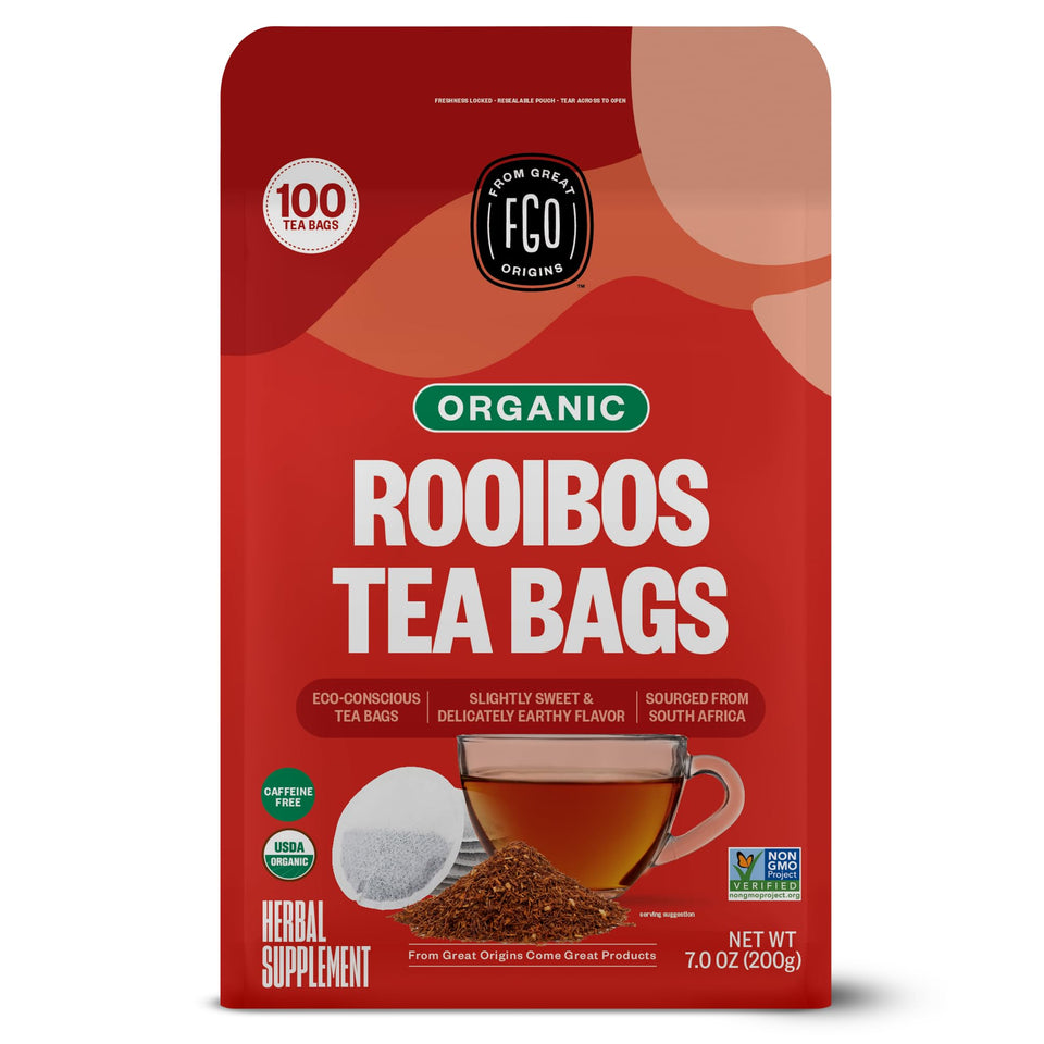 FGO Organic Rooibos tea bags shown in eco-friendly Abacá hemp paper for a clean brew