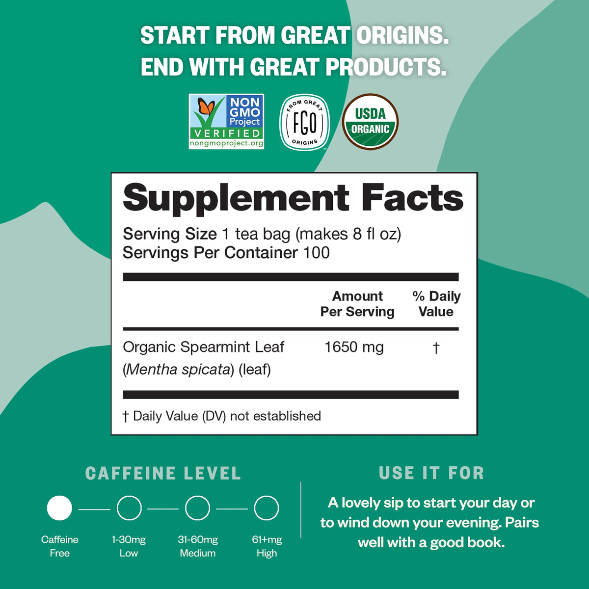 FGO Organic Spearmint Tea non-GMO badge signals quality without additives