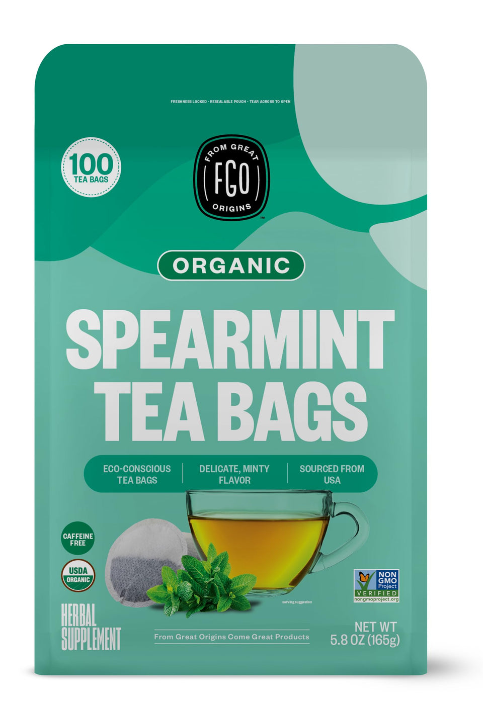 FGO Organic Spearmint Tea packaging in California highlights eco-conscious design for fresher tea moments