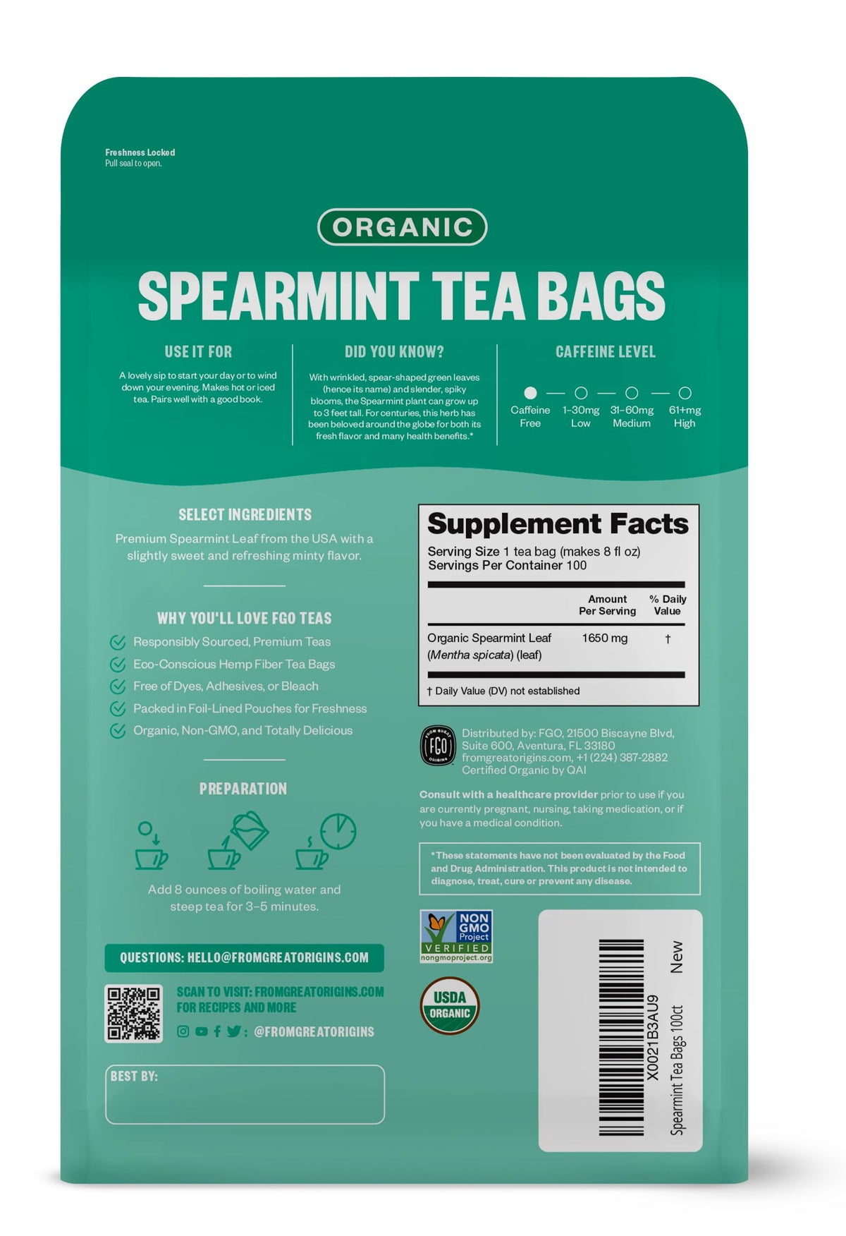 FGO Organic Spearmint Tea tea bags use Abacá hemp fiber paper for a cleaner brew