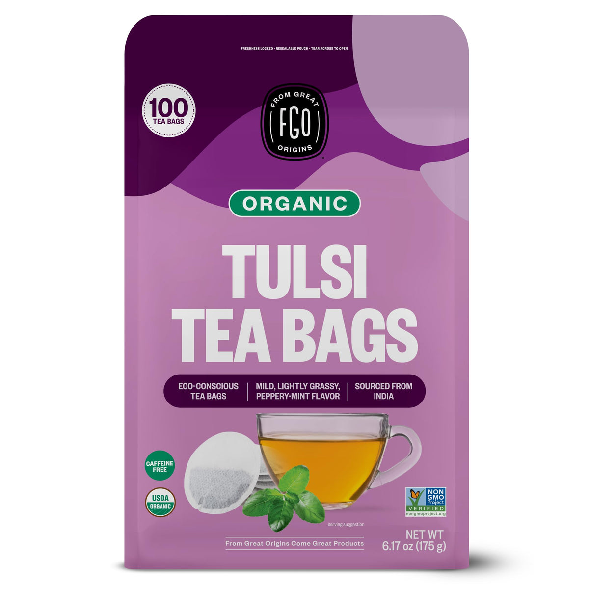 FGO Organic Tulsi tea packaging for sustainable brewing.