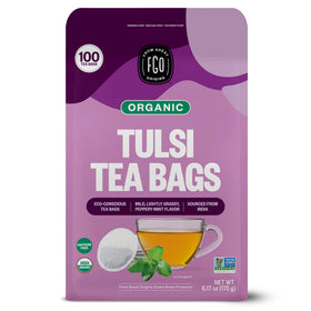 FGO Organic Tulsi tea packaging for sustainable brewing.