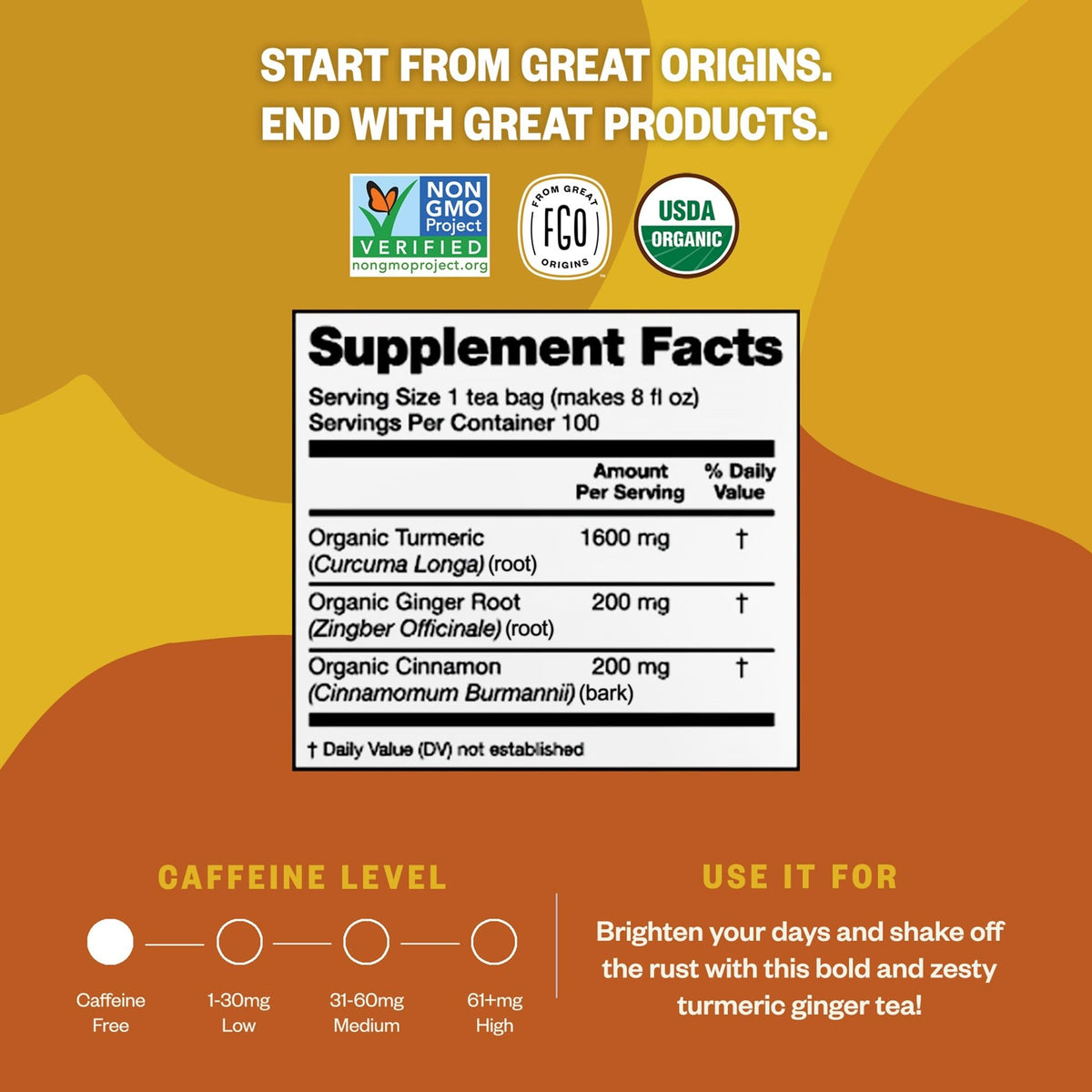 FGO Organic turmeric ginger tea bags packaging from California