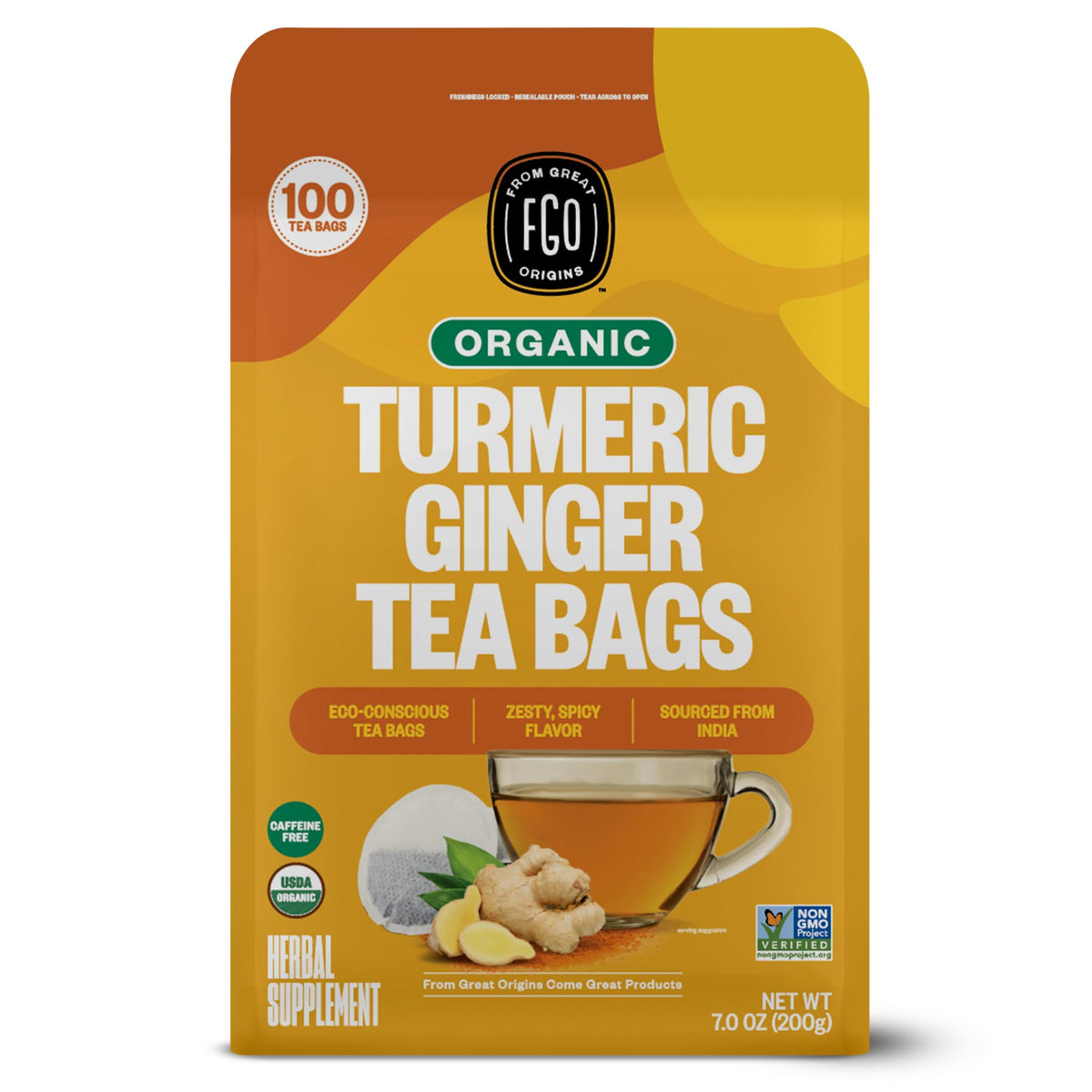 FGO organic turmeric ginger tea bags close-up, eco-friendly Abacá hemp paper