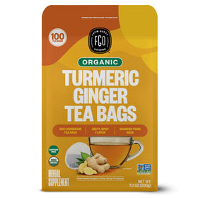 FGO organic turmeric ginger tea bags close-up, eco-friendly Abacá hemp paper