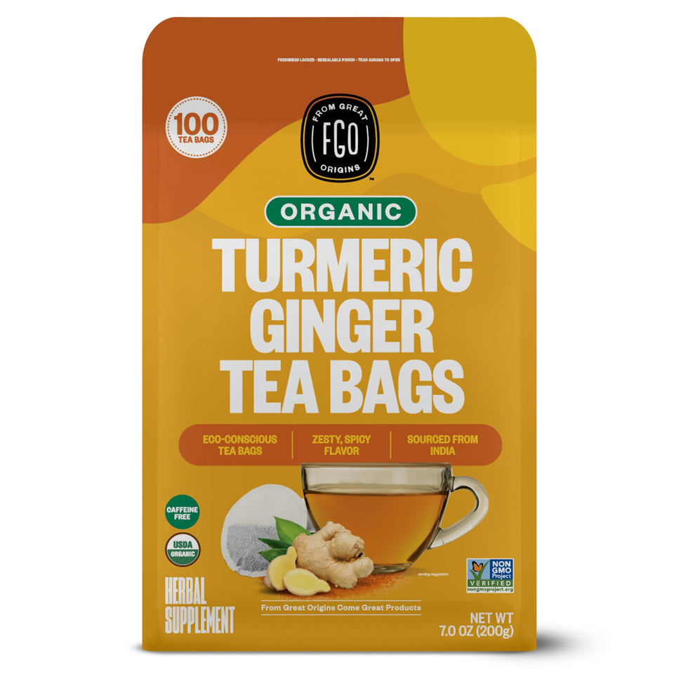 FGO organic turmeric ginger tea bags close-up, eco-friendly Abacá hemp paper