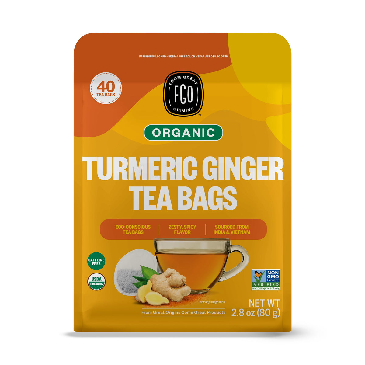 FGO organic turmeric ginger tea packaging in California highlights eco-friendly production.