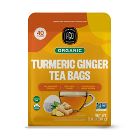 FGO organic turmeric ginger tea packaging in California highlights eco-friendly production.