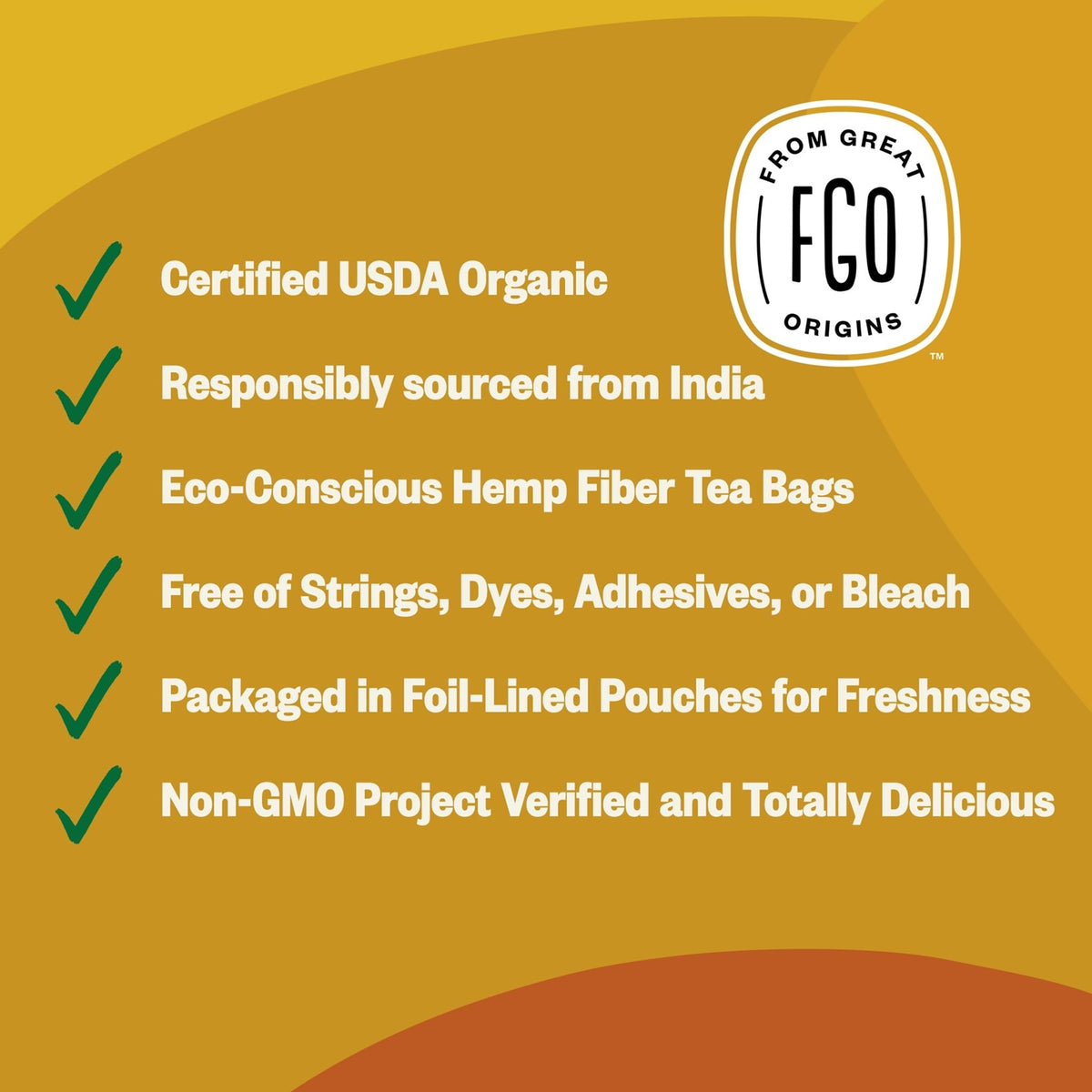 FGO organic tea bags display eco-conscious packaging label