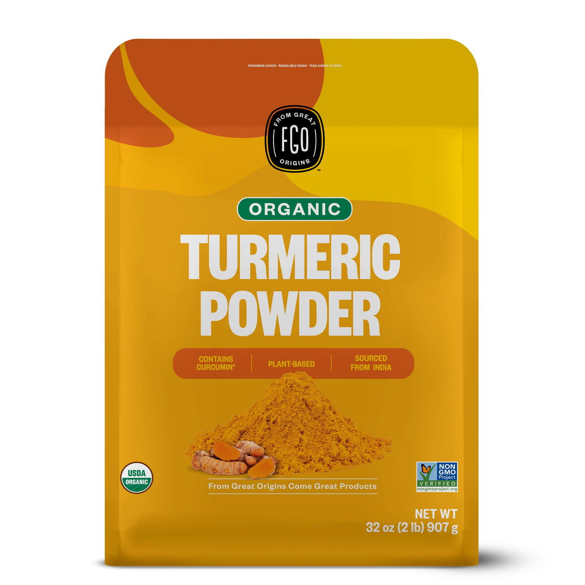 FGO Organic Turmeric Powder in a resealable pouch for freshness and cooking.