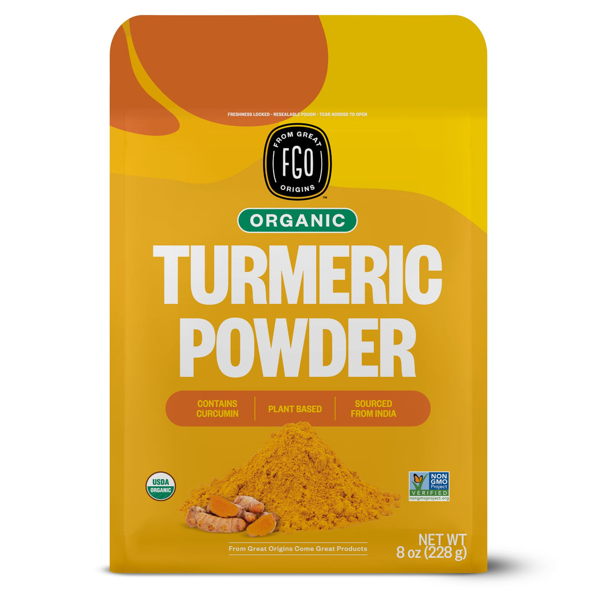 FGO Organic Turmeric Powder 8oz pouch showing vibrant golden color for curries