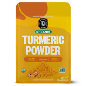 FGO Organic Turmeric Powder 8oz pouch showing vibrant golden color for curries
