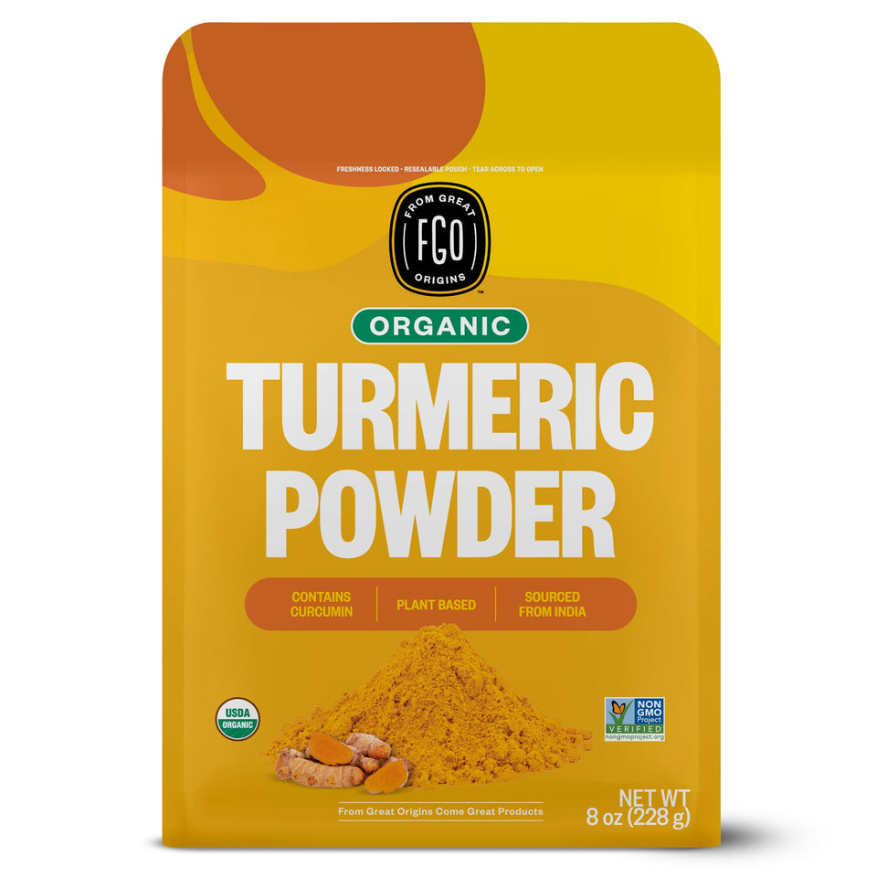 FGO Organic Turmeric Powder 8oz pouch showing vibrant golden color for curries