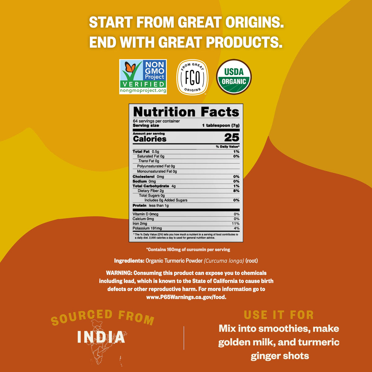 FGO turmeric powder from India with golden hue ideal for curries and soups.