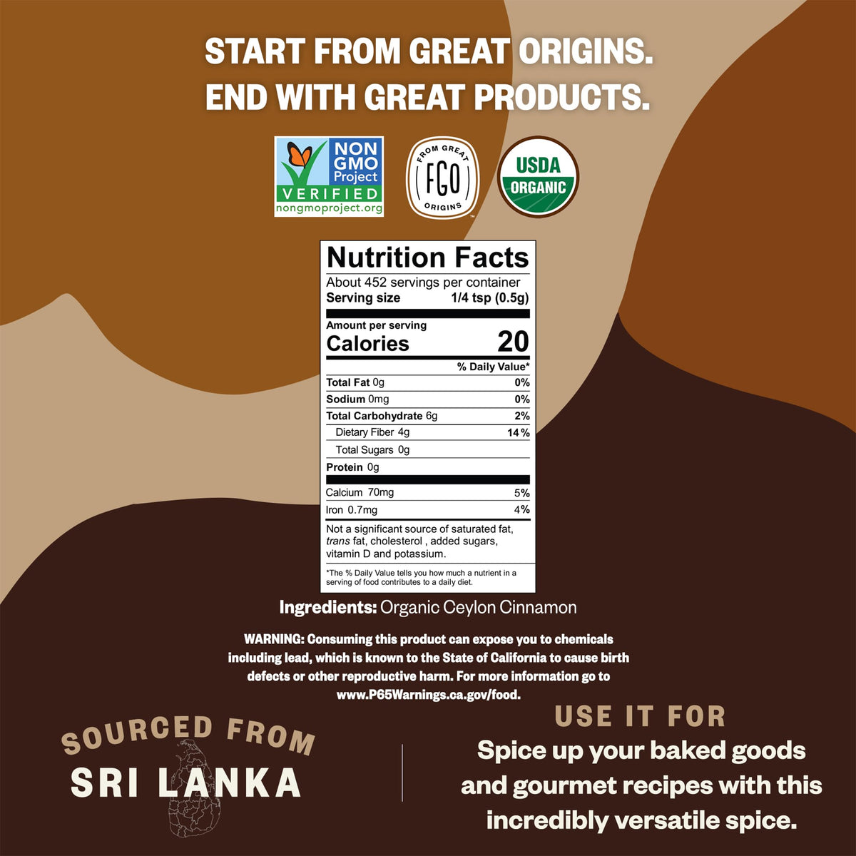 FGO Sri Lanka origin cinnamon powder highlighting premium sourcing