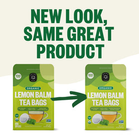 FGO Organic Lemon Balm Tea bags in natural hemp paper highlight dye-free ingredients.