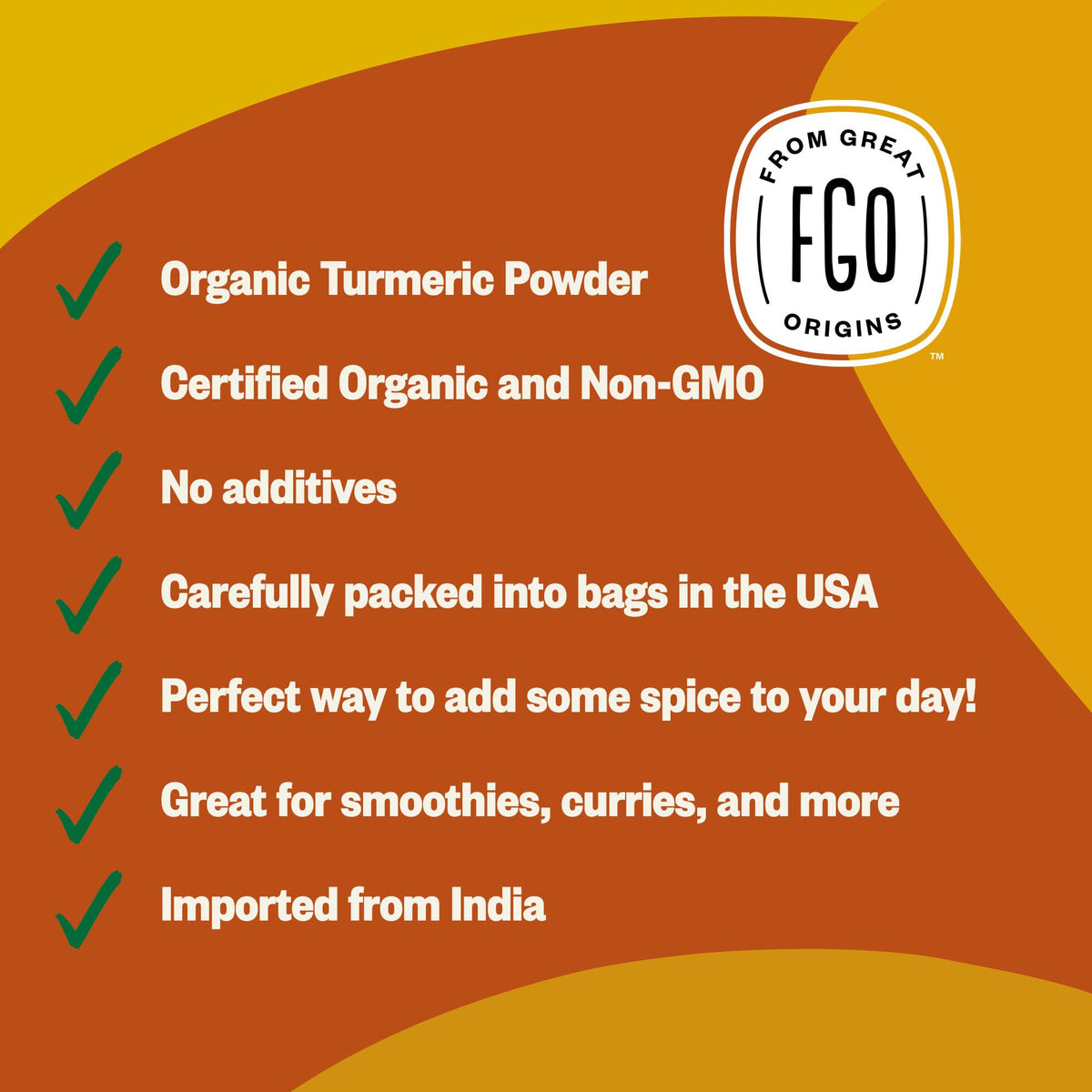 FGO Organic turmeric powder complements curries, rice, and roasted vegetables.