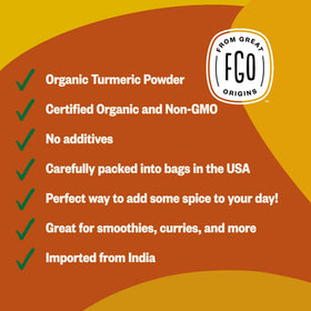 FGO Organic turmeric powder complements curries, rice, and roasted vegetables.