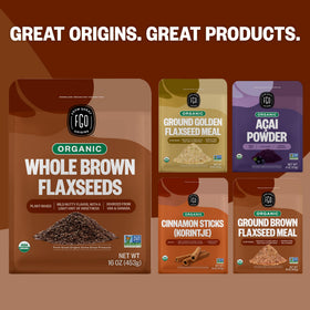 FGO USA-Canada grown flaxseed meal displayed on kitchen counter.