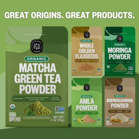 FGO USDA Organic and Non-GMO seals on matcha powder packaging