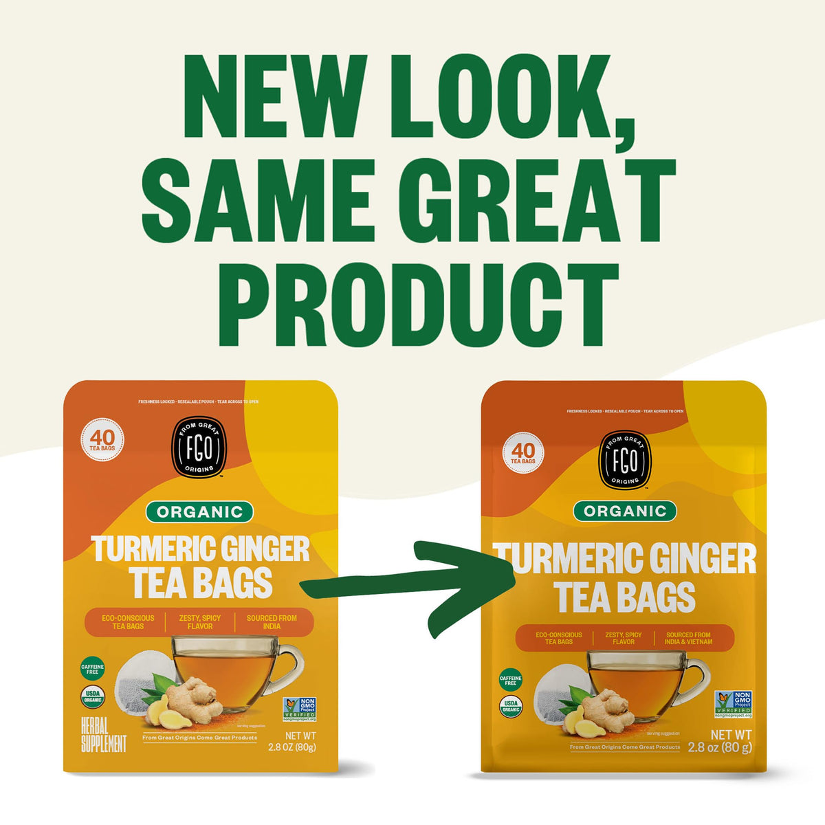 USDA Organic and Non-GMO seals on FGO tea ensure certified quality.