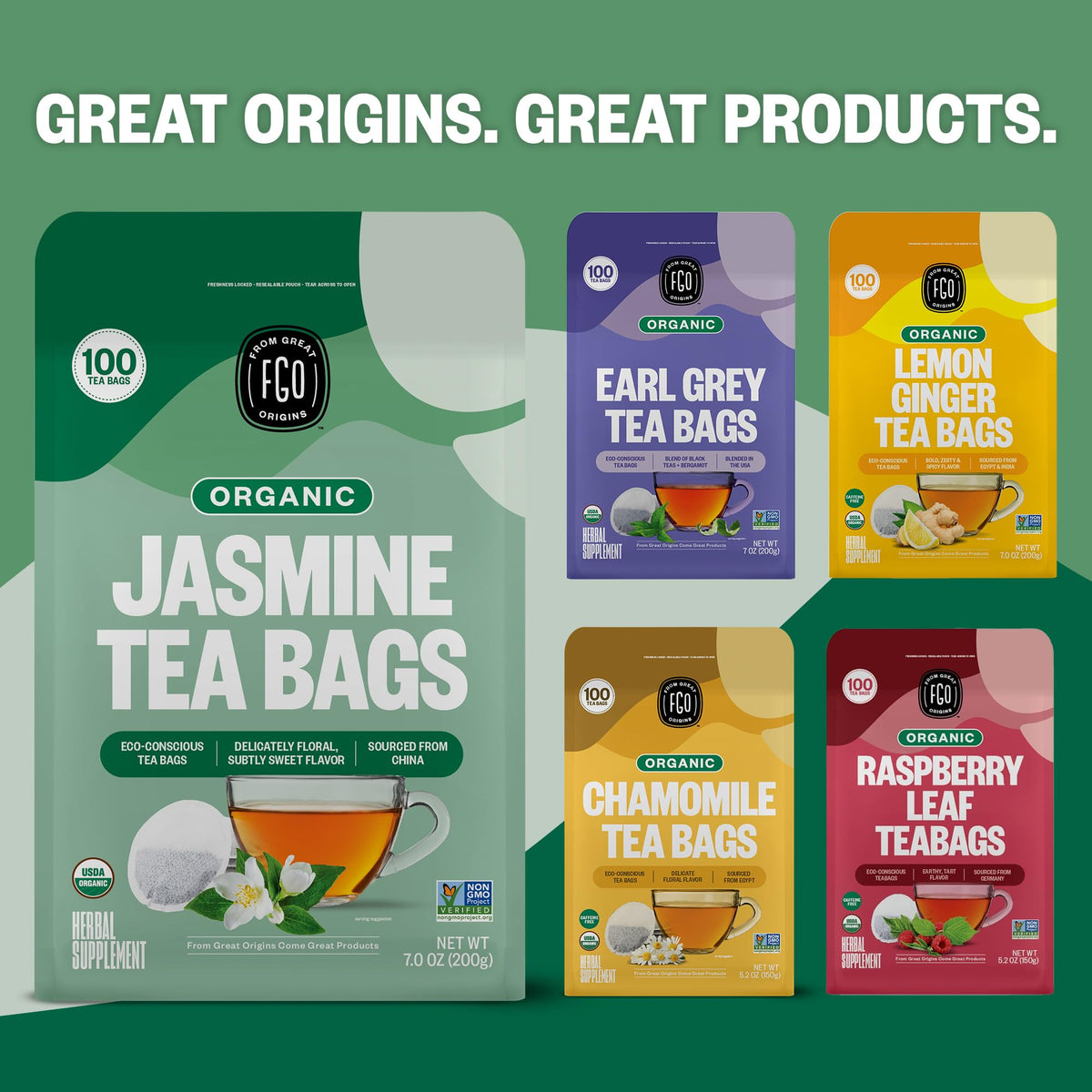 USDA Organic and Non-GMO seals on FGO Jasmine Green Tea packaging.
