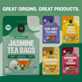 USDA Organic and Non-GMO seals on FGO Jasmine Green Tea packaging.