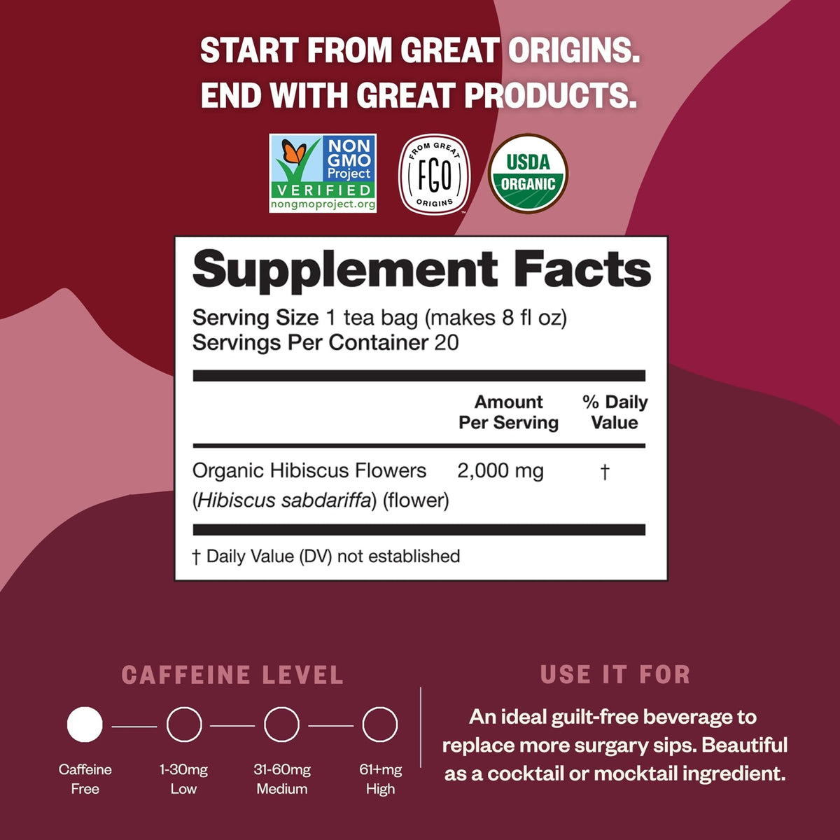 FGO Organic hibiscus tea with USDA Organic and Non-GMO seals.