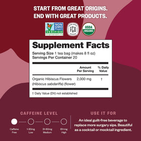 FGO Organic hibiscus tea with USDA Organic and Non-GMO seals.