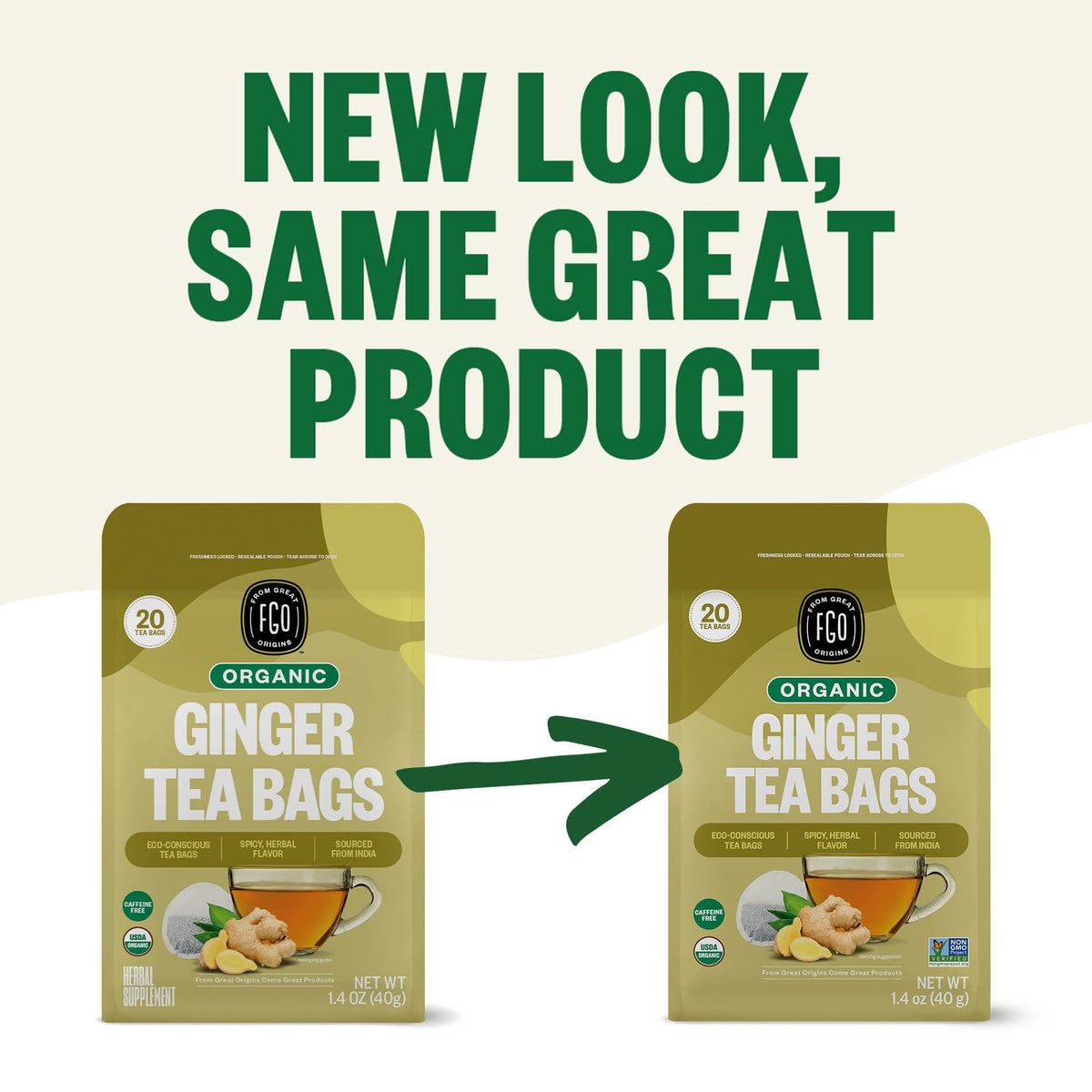 FGO tea with USDA Organic and Non-GMO seals for quality assurance