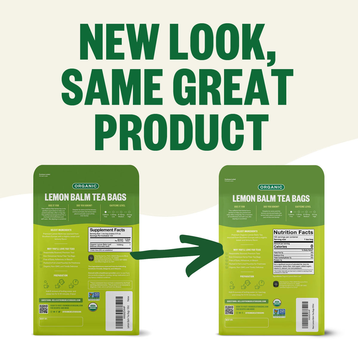 FGO Organic Lemon Balm Tea with USDA Organic and Non-GMO seals for quality.