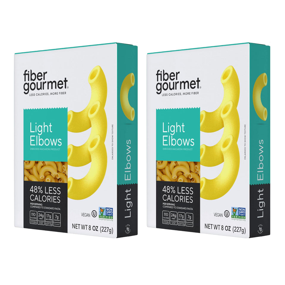 Fiber Gourmet elbow macaroni pack shows a high-fiber, low-calorie pasta option for meals