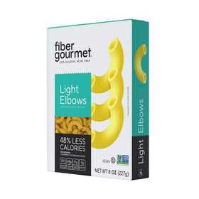 Fiber Gourmet elbow macaroni packaging highlights keto-friendly, high-fiber pasta