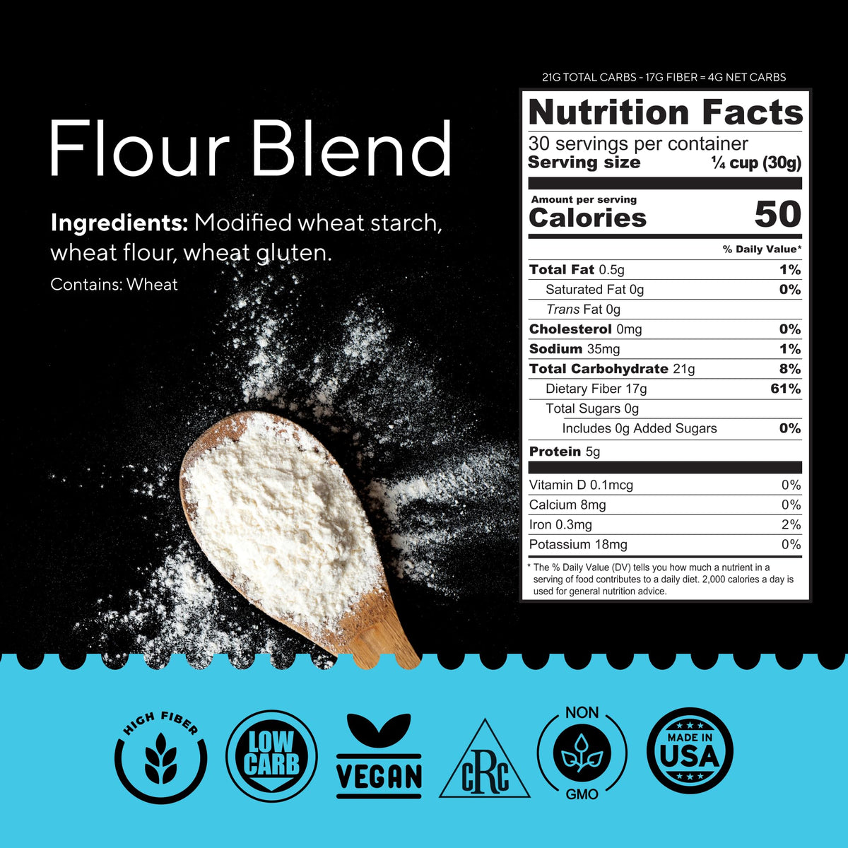 Fiber Gourmet flour bowl with dry mix ready for 1:1 substitution.