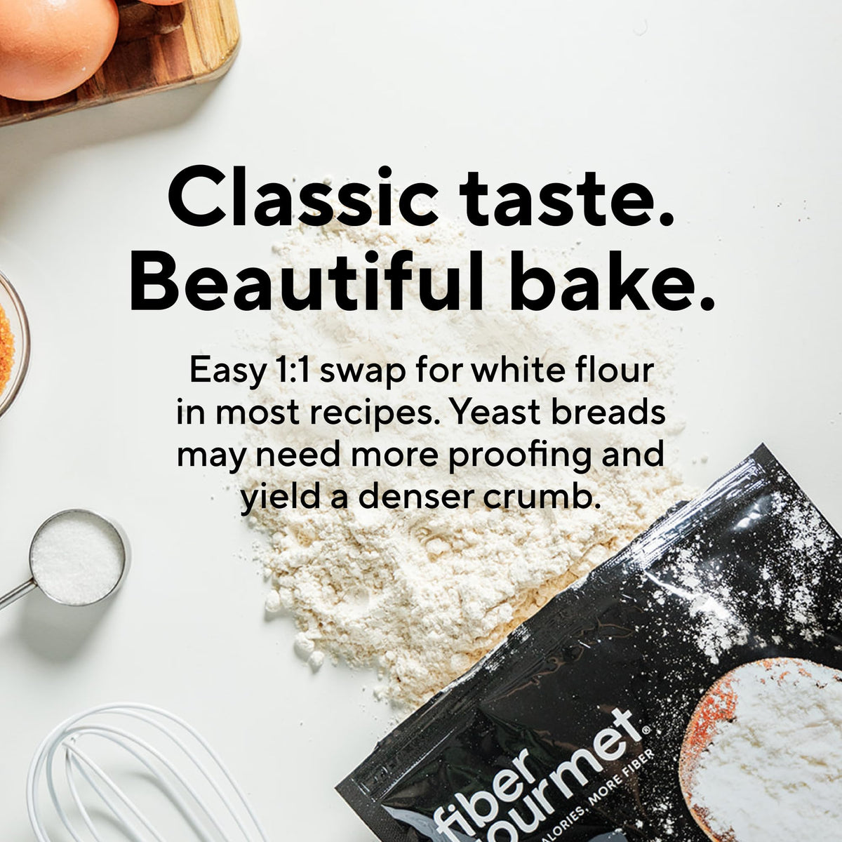 Kitchen scale beside Fiber Gourmet flour for precise portions.