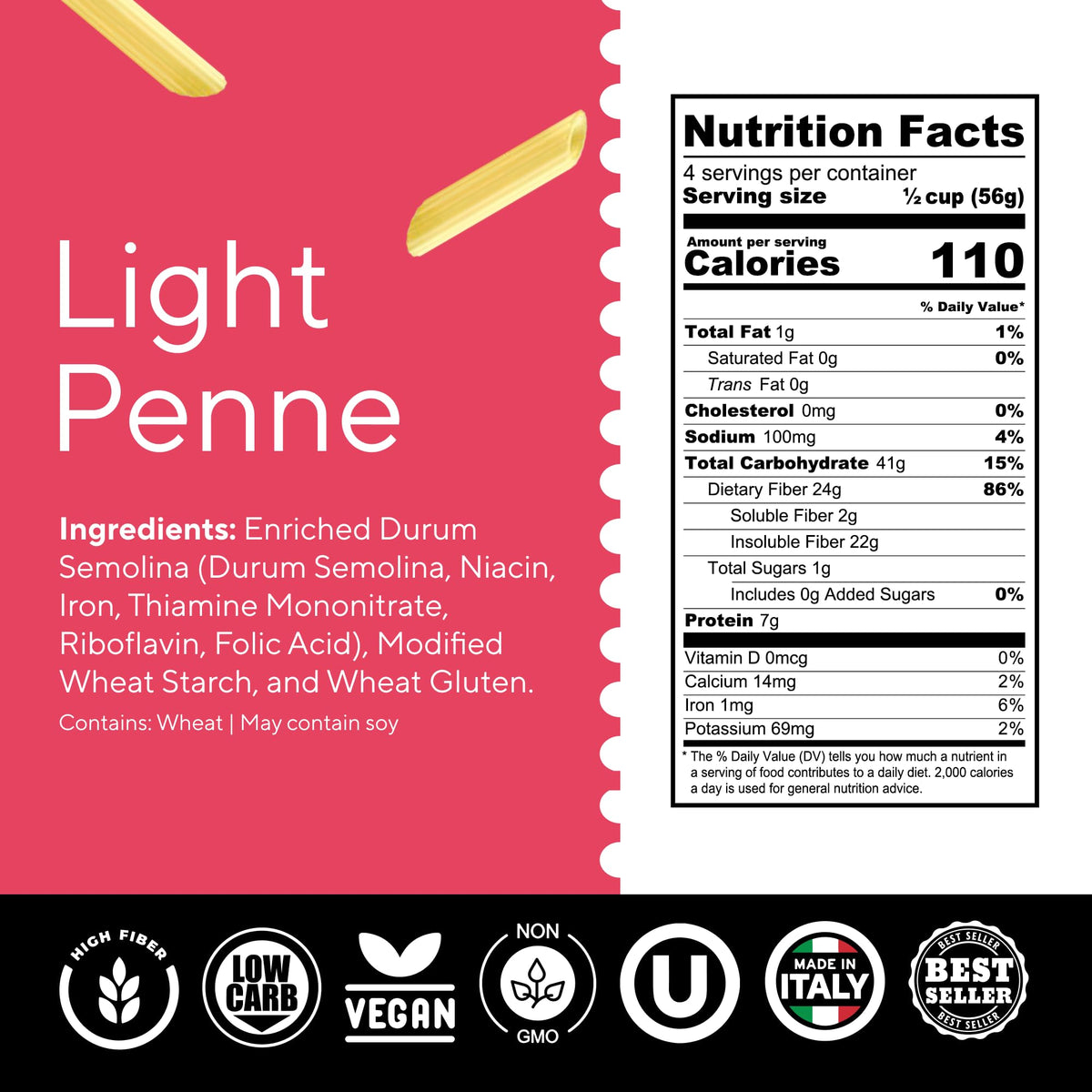 Fiber Gourmet Light Penne cooked plate with sauce ready to serve, showcasing texture.