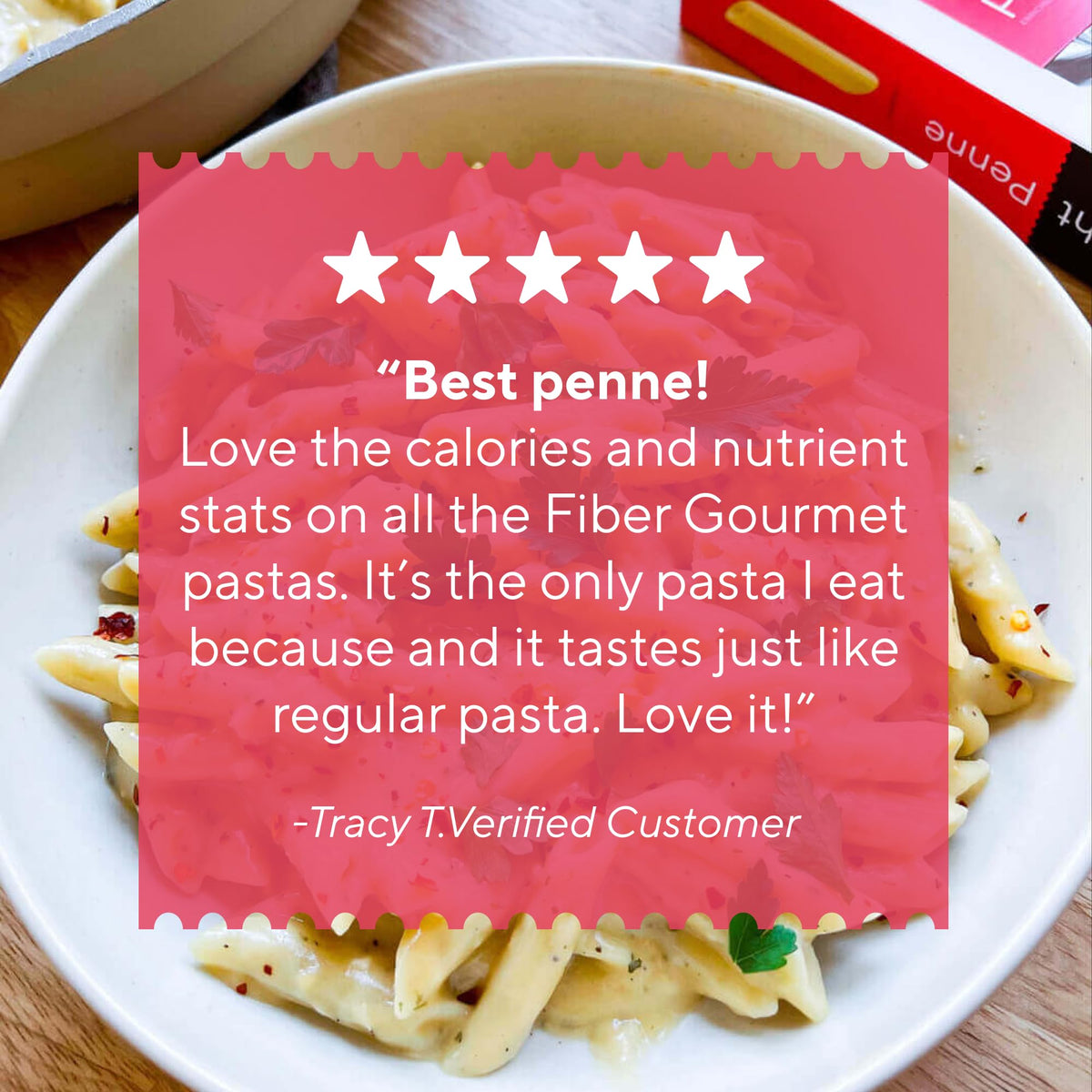 Fiber Gourmet Light Penne kitchen scene hints at quick weeknight meals with ready-to-cook pasta.